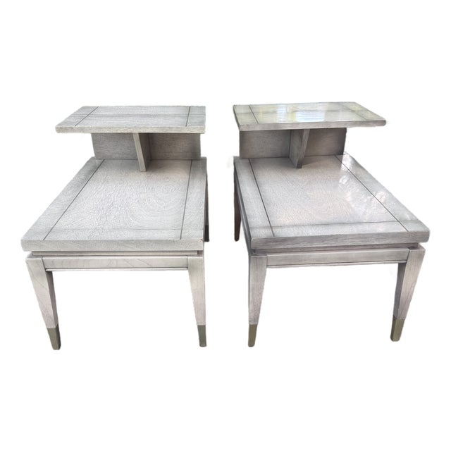 Pair of 1958 Lane Mid-Century Modern Two-Tier Step End Tables With Brass Sabots For Sale