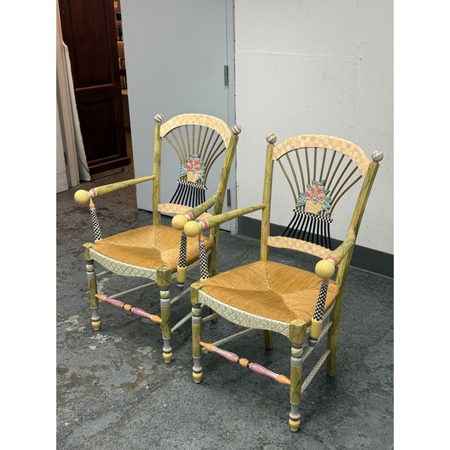 Folk Art MacKenzie-Childs Flower Basket Armchairs, Pair For Sale - Image 3 of 12