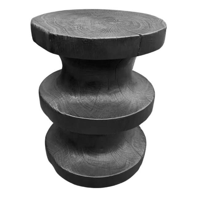 Geometric Mango Wood Side Table Burnt Finish Modern Organic For Sale