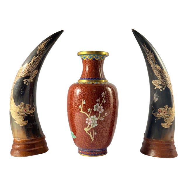 Vintage Chinese Cloisonné Vase & Dragon Horn Sculptures Set – 3 Pieces For Sale
