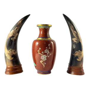 Vintage Chinese Cloisonné Vase & Dragon Horn Sculptures Set – 3 Pieces