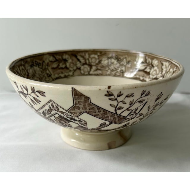 Antique 1880s Wedgewood brown transferware footed bowl in the Beatrice pattern which consists of a floral, branch and...