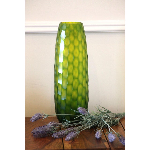 This unique vintage vase stands an impressive 15.5" tall with the top diameter at 3.25". Ombre style in mid-century green,...