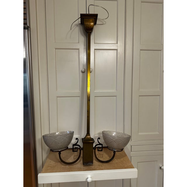 Vintage Two Arm Brass Fixture With Vintage Etched Glass Gas Shades For Sale In New York - Image 6 of 12