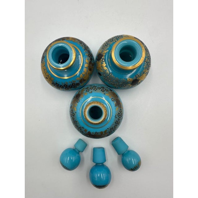 Turquoise Turquoise Blue Opaline Bottles with Painted Golden Flowers Decoration, 1890s, Set of 3 For Sale - Image 8 of 11