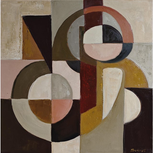 The composition is structured around a central vertical axis that organizes a series of interlocking geometric forms....