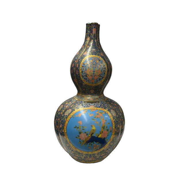 Oriental Purple Blue Gourd Shape Floral Graphic Porcelain Art Vase For Sale - Image 15 of 18