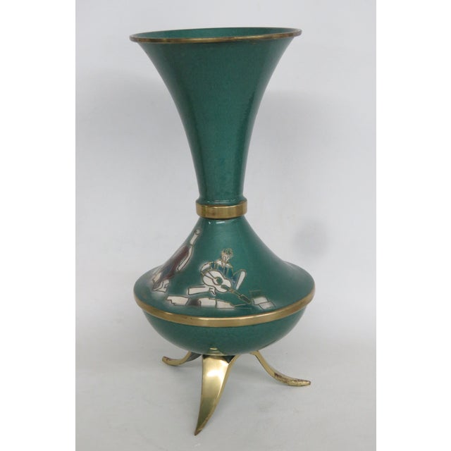Mid Century Green Enameled Brass Tripod Vase Made in Israel Figural Motif 5002b For Sale - Image 4 of 14