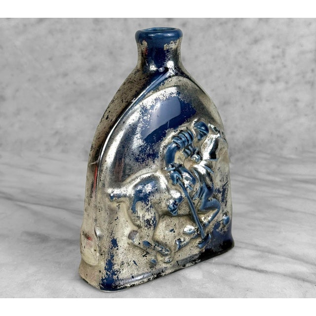 Vintage Traditional Polo Equestrian Blue & Silver Pottery Flask Vase For Sale - Image 6 of 8