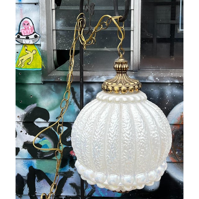 Hollywood Regency Vintage Hollywood Regency Style Iridescent Hanging Swag Lamp For Sale - Image 3 of 9