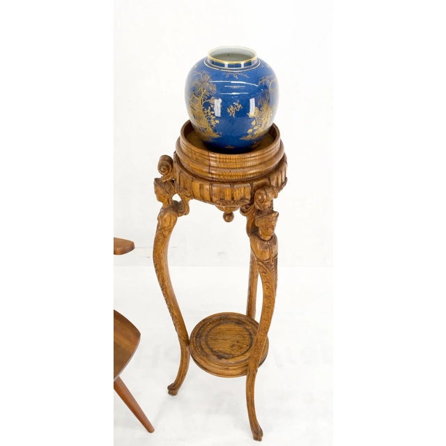 Brown Antique Carved Oak Tripod Tri legged Plant Stand For Sale - Image 8 of 13