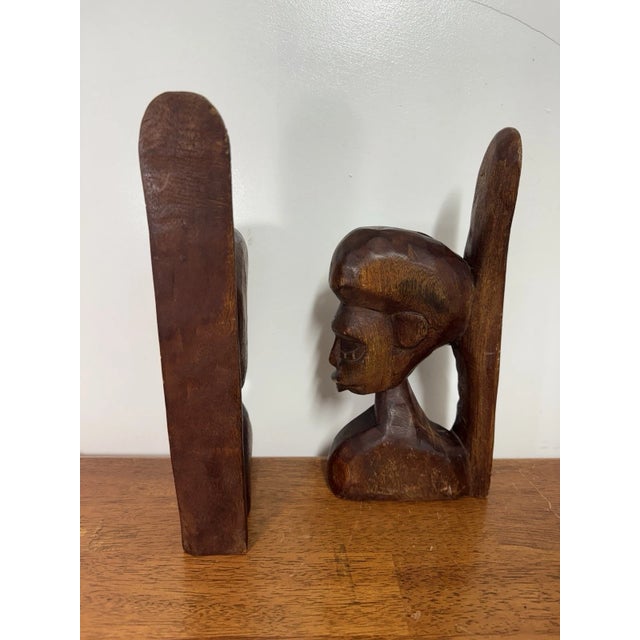 Brown Vintage African Hand Carved Wood Couple Bust Bookends Tribal Folk Art 12" For Sale - Image 8 of 15
