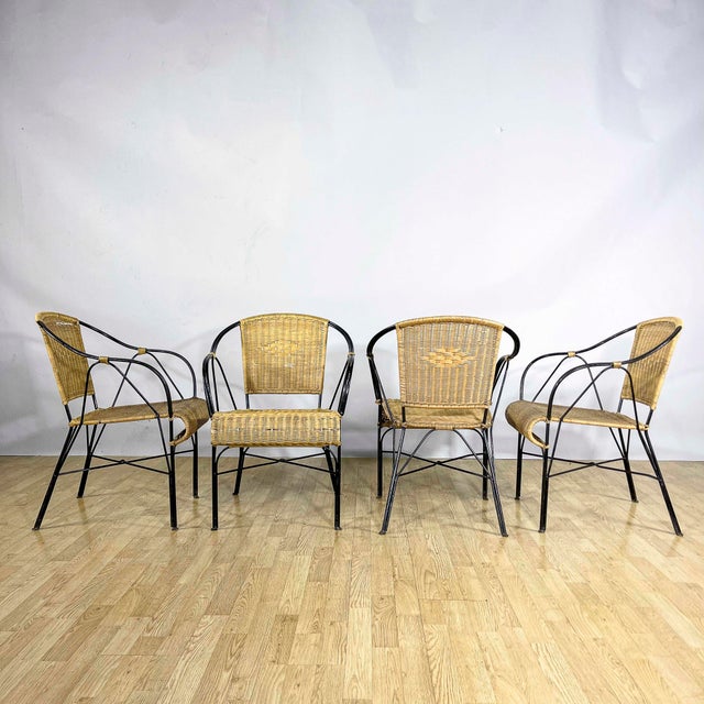 Garden Chairs in Wrought Iron and Woven Wicker, 1970s, Set of 4 For Sale - Image 9 of 18