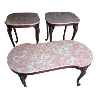 Vintage French Provincial Style Pink Marble & Mahogany Coffee Table and Matching Side Tables For Sale