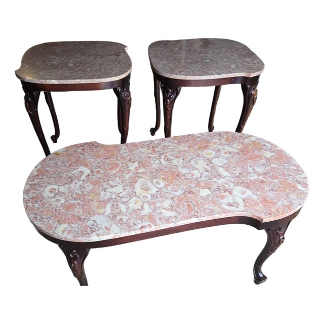 Vintage French Provincial Style Pink Marble & Mahogany Coffee Table and Matching Side Tables For Sale