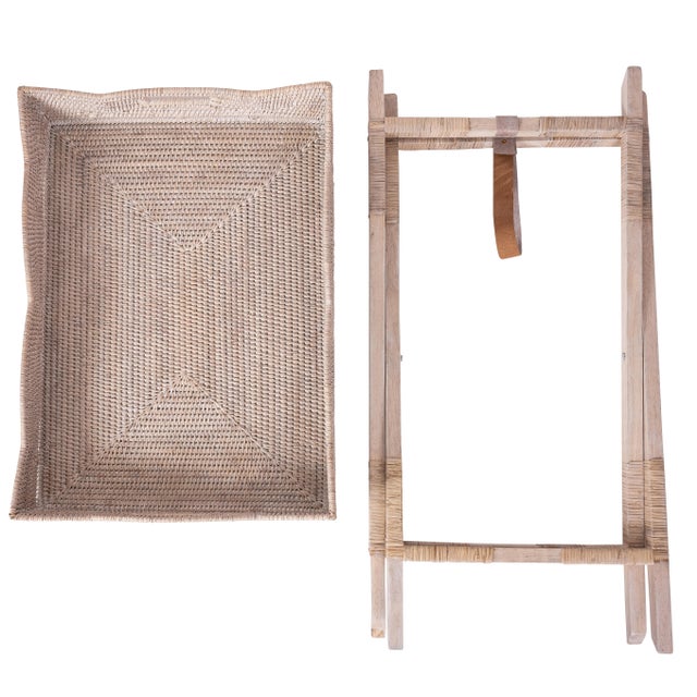 Coastal Artifacts Rattan Scallop Design Butler Tray with Wooden Legs, White Wash For Sale - Image 3 of 7