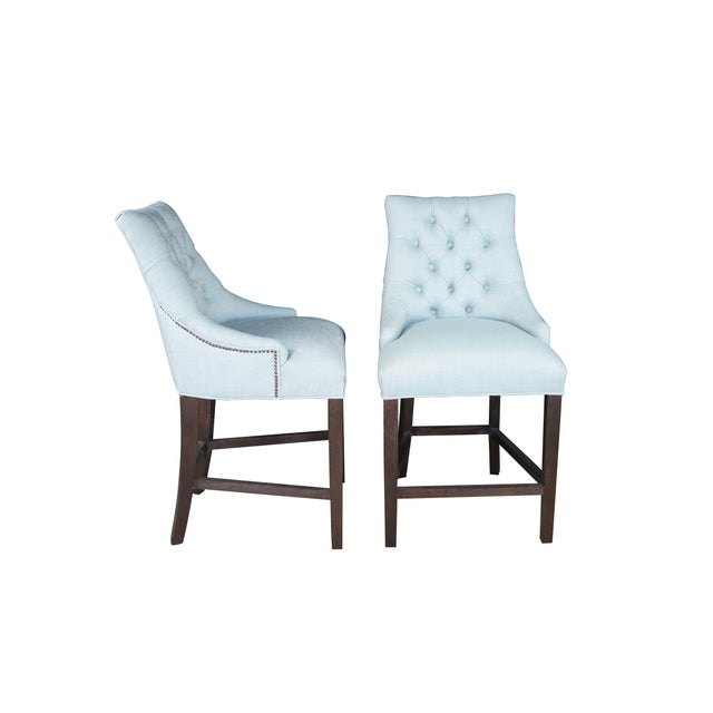 #47909 Three vintage Restoration Hardware RH Martine bar / counter stools featuring a teal blue tufted nailhead...