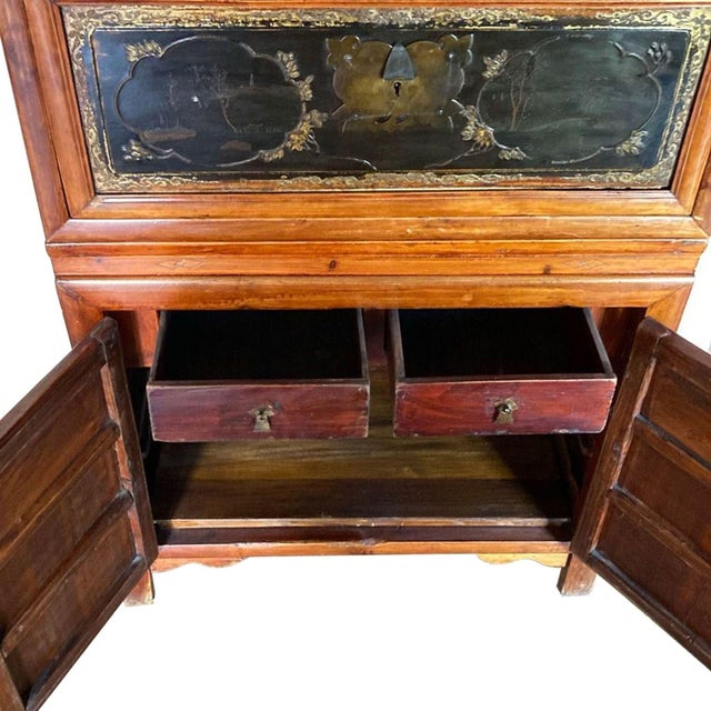 Vintage Asian Chinoiserie Lacquered Wood Tall Cabinet With Brass Decorative Panels For Sale In Phoenix - Image 6 of 8