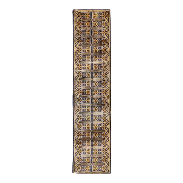 Galerie Shabab Collection Mid-20th Century Handmade Spanish Savonnerie-Style Runner Rug in Dark Blue For Sale