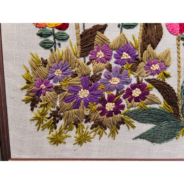 1960s MCM Flower Power Crewel Flower Garden Wall Art Danish Modern Embroidery For Sale - Image 4 of 6