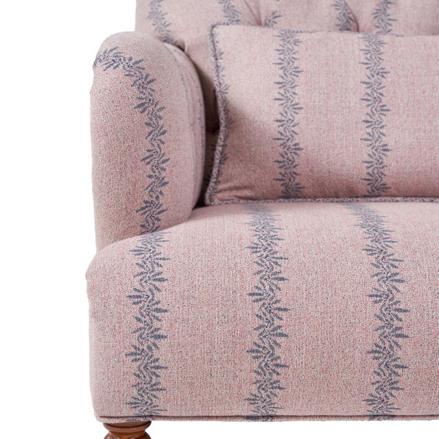 Wood Tufted Club Chair Upholstered in Ferrick Mason Anne Rose Blue Woven For Sale - Image 7 of 7