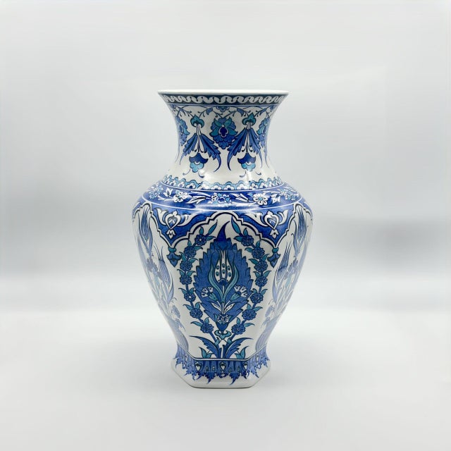 Ceramic Handmade Ceramic Faceted Vase (30cm) Hexagonal Blue and White Cypress & Tulip Pattern For Sale - Image 7 of 8