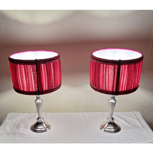 1970s Vintage Table Lamps with Silver-Plated Candlestick Base and Fabric Shade, 1970s, Set of 2 For Sale - Image 5 of 11