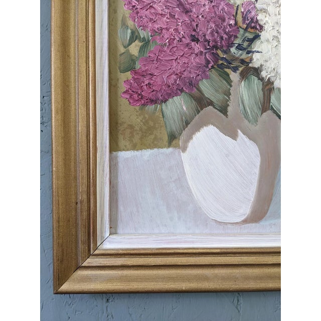 Pink Mid-Century Modern Swedish "Hyacinths" Vintage Floral Still Life Oil Painting, Framed For Sale - Image 8 of 9