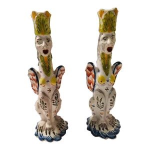 French Faience Figural Gothic Revival Style Candle Sticks - a Pair