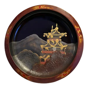 19th Century, Japanese Export Lacquer Tray Maki-E & Mnt Fuji Pagoda Decoration