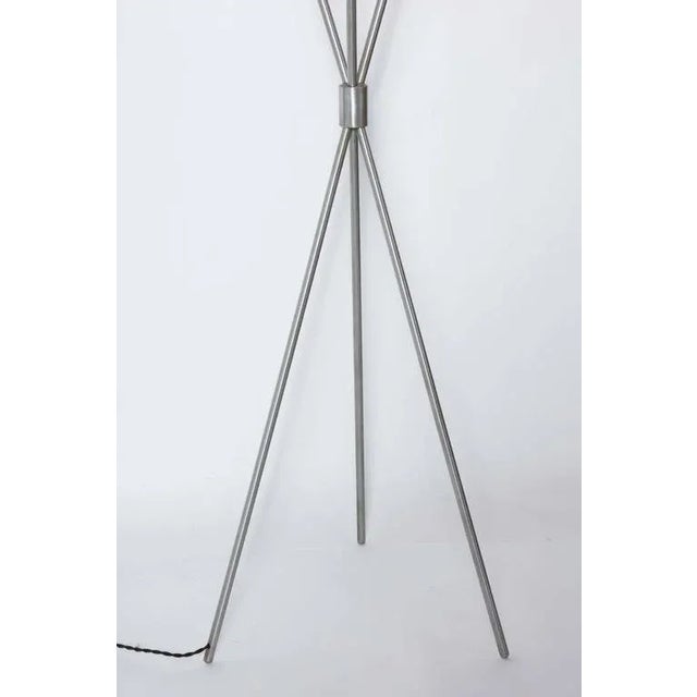 Mid-Century Modern 1950s T. H. Robsjohn-Gibbings Brushed Nickel Tripod Floor Lamp with Parchment Shade For Sale - Image 3 of 8