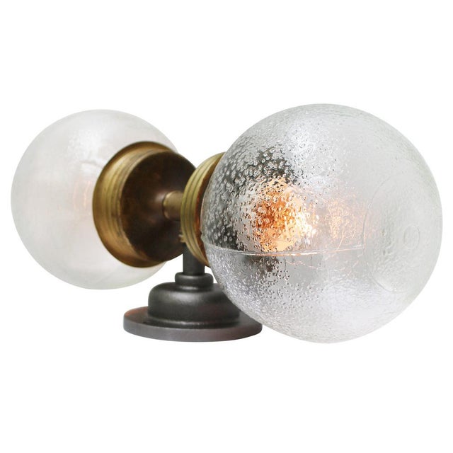 Mid-Century Modern Vintage Double Sconce in Cast Iron, Frosted Glass, and Brass For Sale - Image 3 of 10