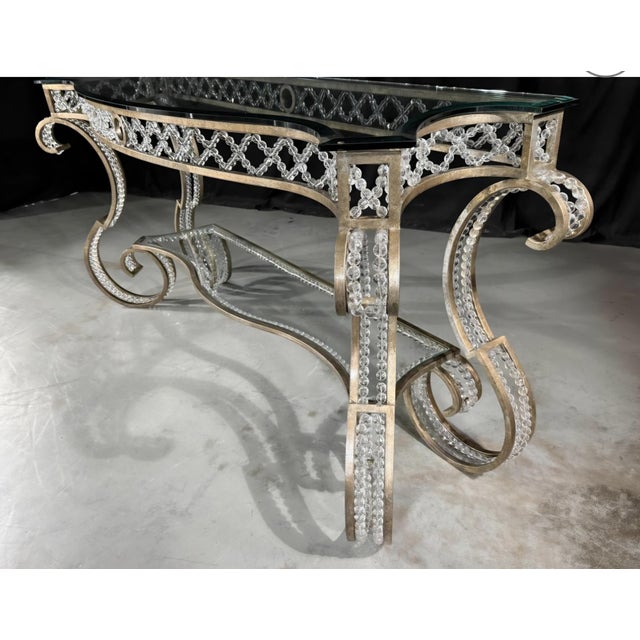 Metal Hollywood Regency Iron Glass Top Console Table With Scrollwork Legs and Crystal Beading For Sale - Image 7 of 10