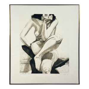 Philip Pearlstein (American, 1924–2022) Nude on Dahomey Stool, Signed (1976, Etching/Aquatint on Paper)