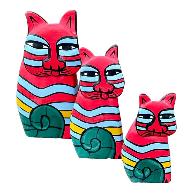 Vintage Hand-Painted Wooden Folk Art Cats- Set of 3 For Sale