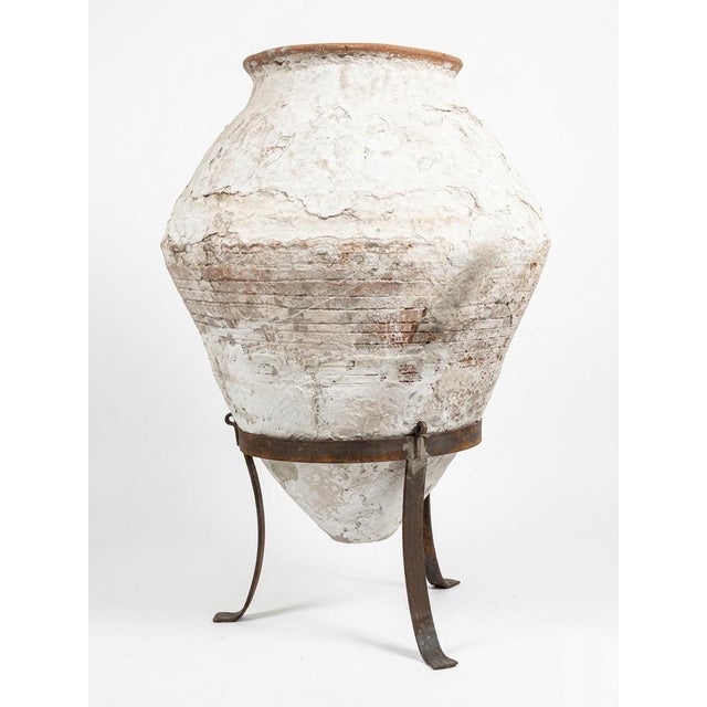 Mediterranean 1930s Greek Terracotta Olive Oil Jar on Custom Wrought Iron Stand For Sale - Image 3 of 9