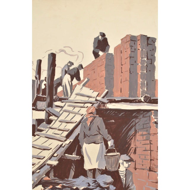 Alber Goltjakov, Construction Work, 1957, Mixed Media on Paper, in Good conditions. Designed 1950 to 1959 This piece has...