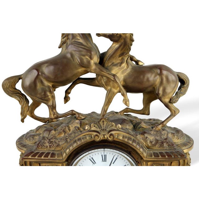 1880 Antique French Bronze Doré Mantle Clock With Stallion and Mare