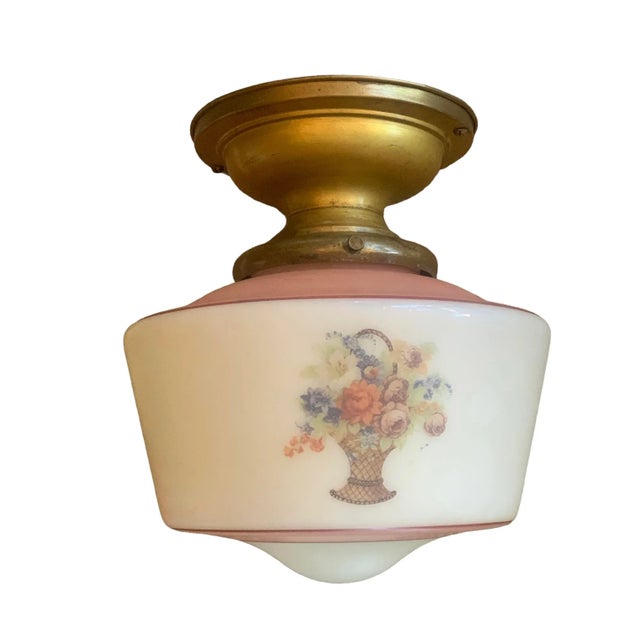 Cased Glass Floral Basket Pattern on Old Brass Flushmount Fixture, Circa 1920 For Sale - Image 4 of 5