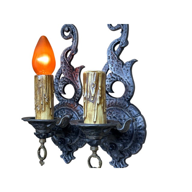 Four Storybook Wall Sconces From 1920s With Original Finish, New Wiring, Antique Style Candle Sleeves Hammered Tudor Spanish Revival For Sale - Image 4 of 10