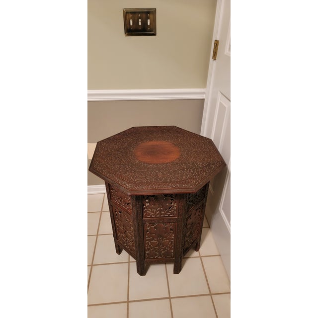 English Anglo-Indian Carved Teak Folding Octagonal Occasional Table For Sale - Image 3 of 12