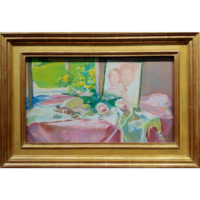 Gerald David Rahm -Still Life of Pink Roses & Photo by the Window - Painting Color Pastel on Paper -Signed. under glass...