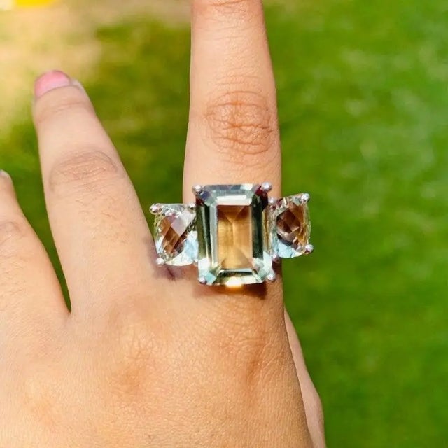 Natural Faceted Green Amethyst Three Stone Ring- Size 6 For Sale - Image 4 of 8