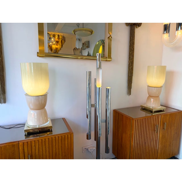 Contemporary Brass and Pink Powder Murano Glass Cup Lamps - Pair For Sale - Image 6 of 12