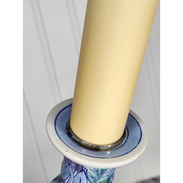 Vintage Italian Ceramic Table Lamp | Chinoiserie Feather & Bok Choy Leaf Pattern | Pastel Blue Green Purple Candlestick Accent Lamp For Sale - Image 9 of 16