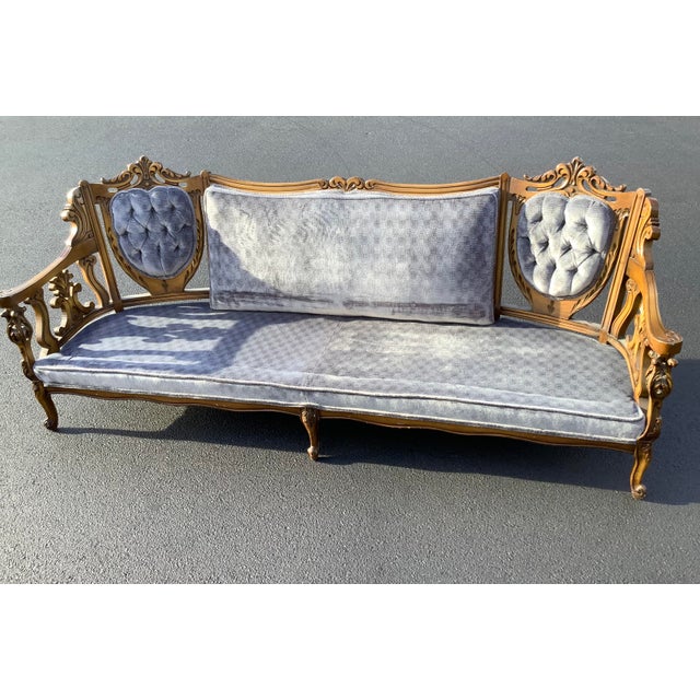 1960’s Mid Century Vintage Velvet Sofa With Detailed Carved Wood Chairish