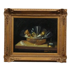 Wine Glasses in a Basket Still Life Oil Painting After Sebastian Stoskopff 27"