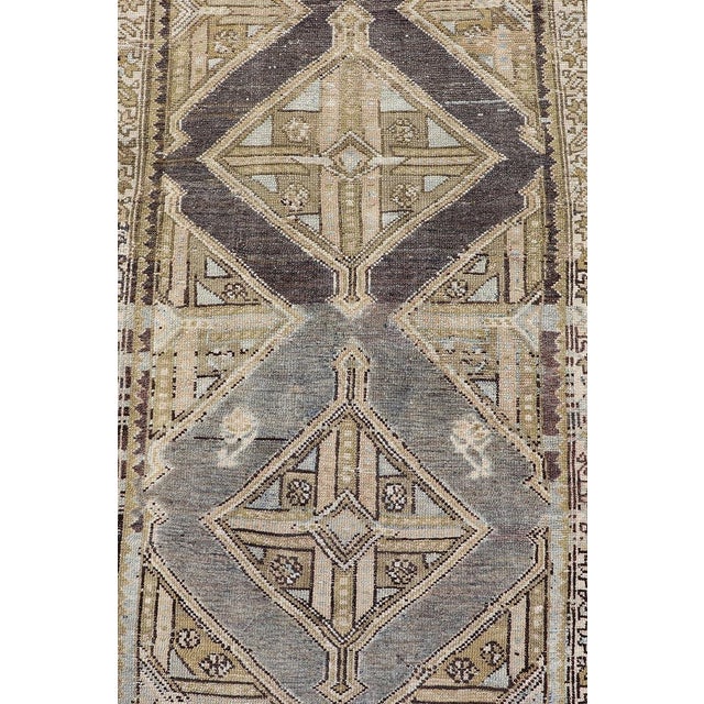 Antique Persian Kurdish Runner With Medallion in Charcoal, Blue, and Acid Green For Sale In Atlanta - Image 6 of 12