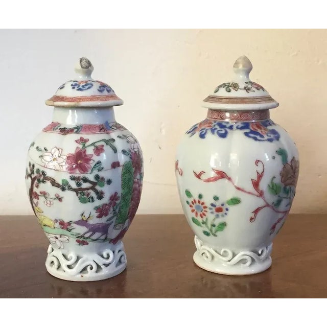 White Antique 18th Century Chinese Export Porcelain Tea Caddies Decorated with Rooster and Deer in Famille Rose - A Pair For Sale - Image 8 of 13