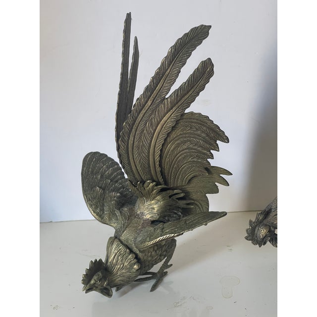1940s Gorgeous Antique Pair of Brass Fighting Roosters Sculptures For Sale - Image 5 of 10